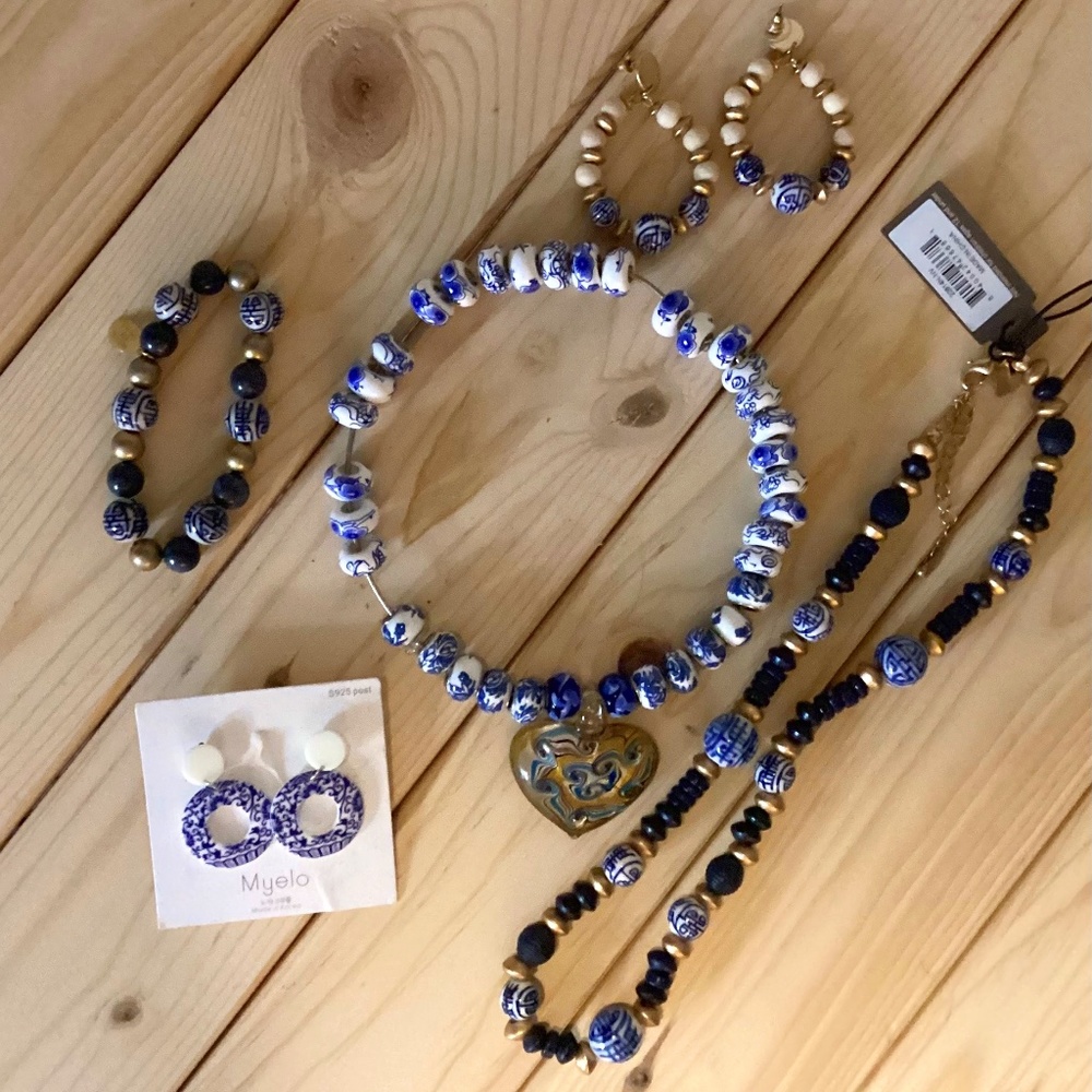 Asian inspired jewelry set: 2 necklaces, 2 pairs earrings; 1 bracelet